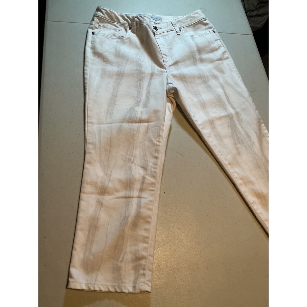 Chicos Platinum Denim White Grey Marble Tie Dye Crop Jeans Size 1.5 L